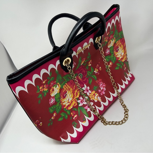 Betsey Johnson red roses double handle gold chain tote bag - Picture 13 of 14